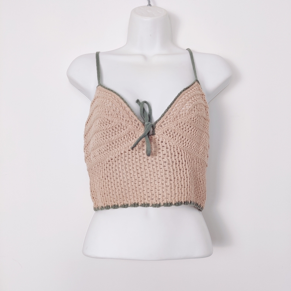 Love Knits Women's Tan Crochet Bralette with Lace-Up Back Size Medium Beach Boho